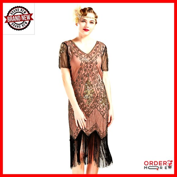 Art Deco Sequin Fringe Flapper Dress Midi Bodycon Fitted V Neck Art Deco Sequin Fringe Flapper Dress Midi Bodycon Fitted V Neck